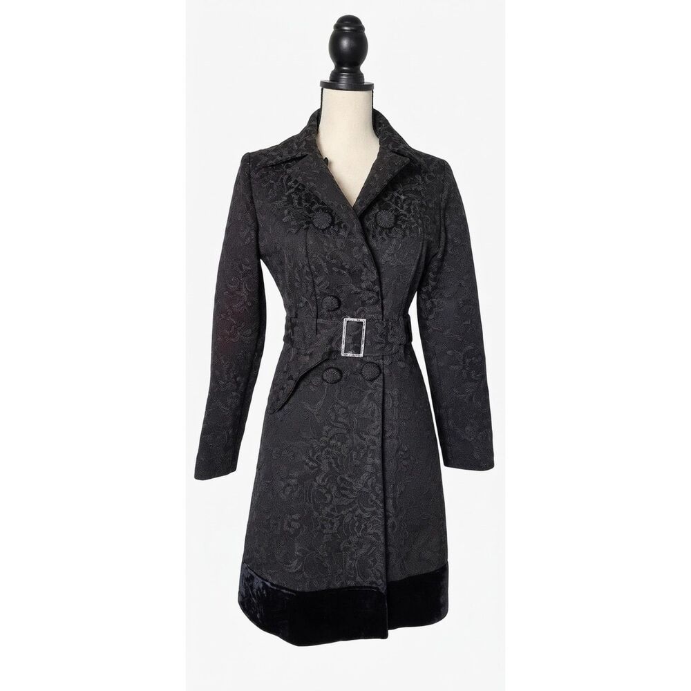 Vintage Whimsigoth Jacquard Trench Coat Velvet Trim Rhinestone Buckle Small